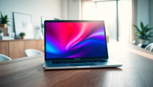 Showcase Laptops Apple with a sleek MacBook Air elegantly displayed on a modern wooden desk.