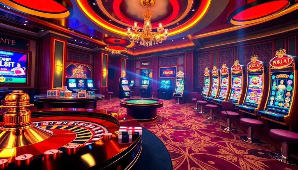 A vibrant casino scene capturing the excitement of gambling at https://ok88.tech/, featuring roulette, poker, and slot machines.