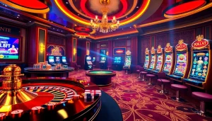 A vibrant casino scene capturing the excitement of gambling at https://ok88.tech/, featuring roulette, poker, and slot machines.