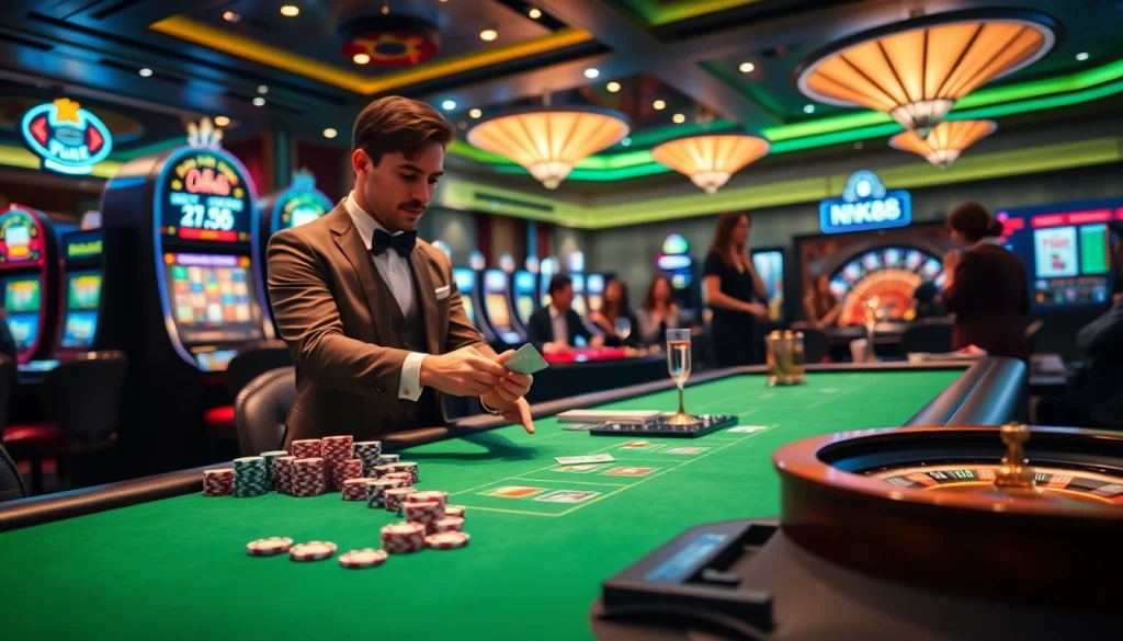 Experience thrilling casino gameplay with NK88 poker chips and tables in a luxurious setting.