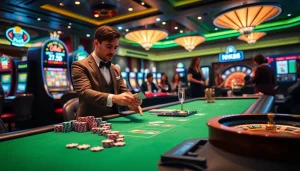 Experience thrilling casino gameplay with NK88 poker chips and tables in a luxurious setting.