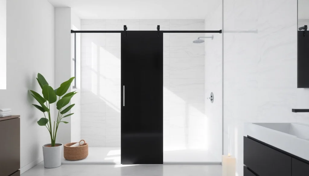 Showcasing a black shower sliding door in a sleek modern bathroom setting.