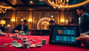 Exciting gameplay at OK365 with colorful chips and poker cards at a casino table.
