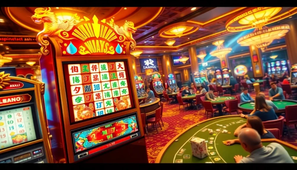 Experience the thrill of Mahjong Ways 2 slot with vibrant symbols and engaged players in a lively casino setting.