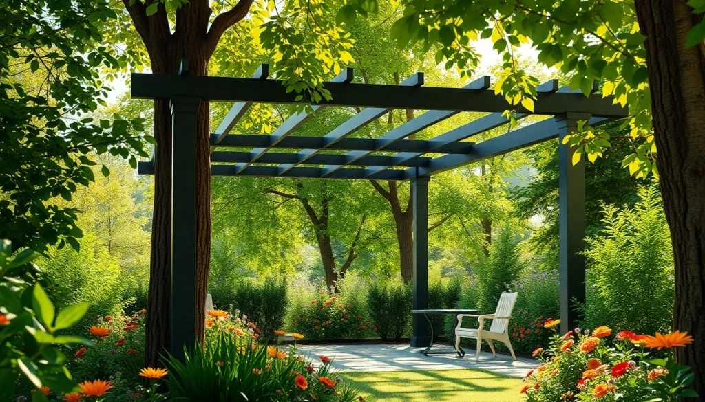 Installation of a modern steel pergola enhancing an outdoor garden space.
