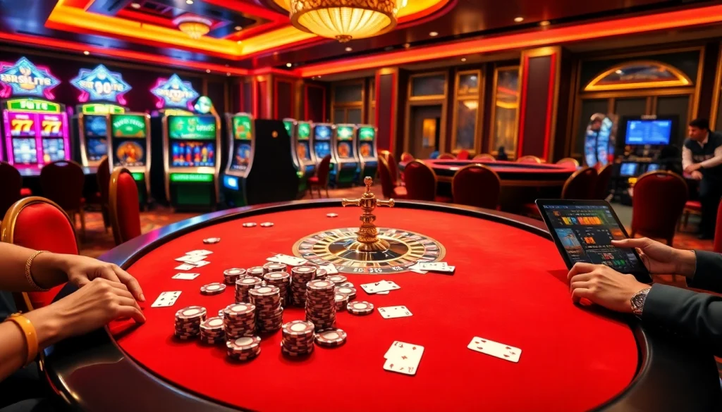 Gk88 players engaging in an exciting live casino game, showcasing vibrant poker chips and elegant atmosphere.