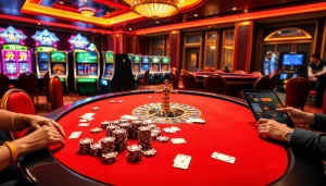 Gk88 players engaging in an exciting live casino game, showcasing vibrant poker chips and elegant atmosphere.