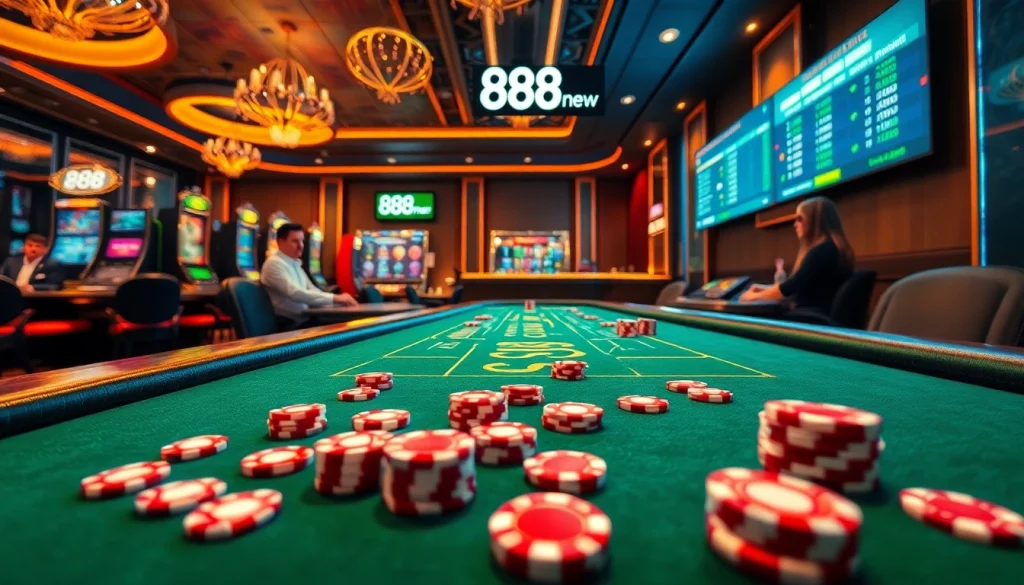 Engage in thrilling online games at 888new’s luxurious casino with vibrant tables and slot machines.