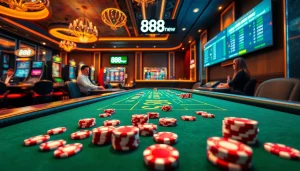 Engage in thrilling online games at 888new’s luxurious casino with vibrant tables and slot machines.