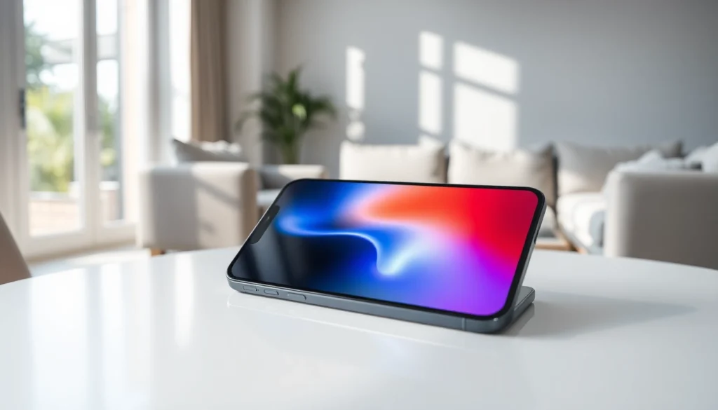 Usa el iPhone 16 Plus en una mesa moderna con luz natural en una sala de estar minimalista.