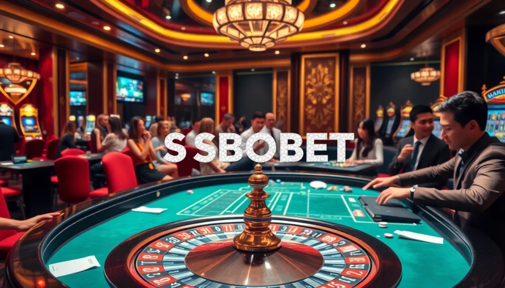 SBOBET logo glinting at a high-stakes roulette table filled with colorful chips and eager players.