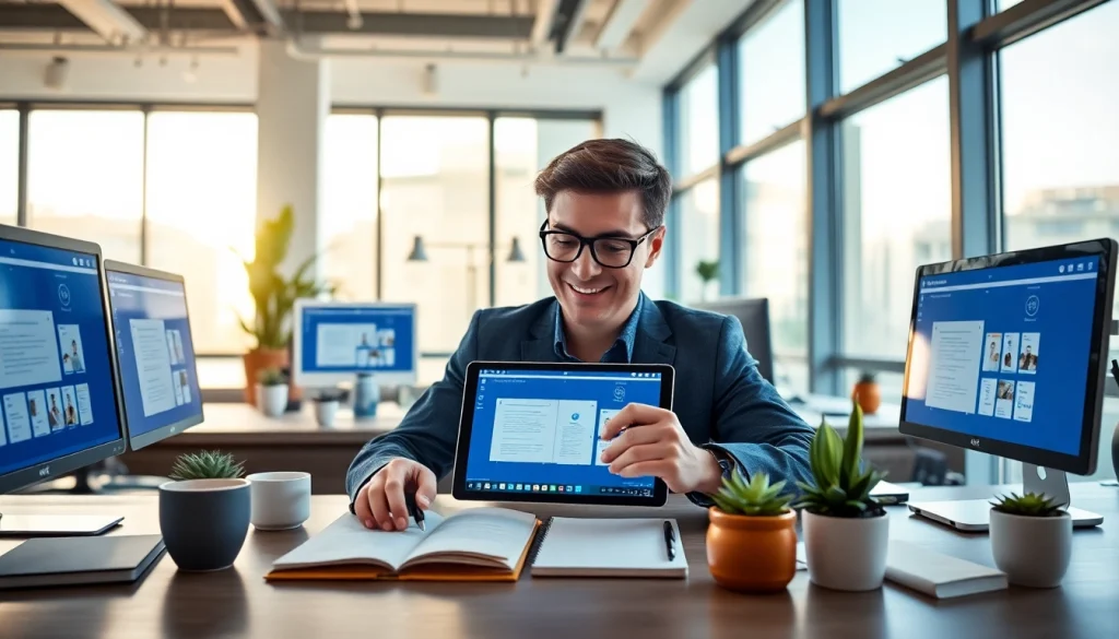 现代办公环境中的 WPS下载，光线明亮，配备数字协作工具。