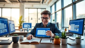 现代办公环境中的 WPS下载，光线明亮，配备数字协作工具。