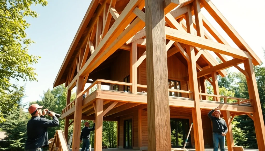 Showcasing a structural timber frame under construction with craftsmanship and natural elements.