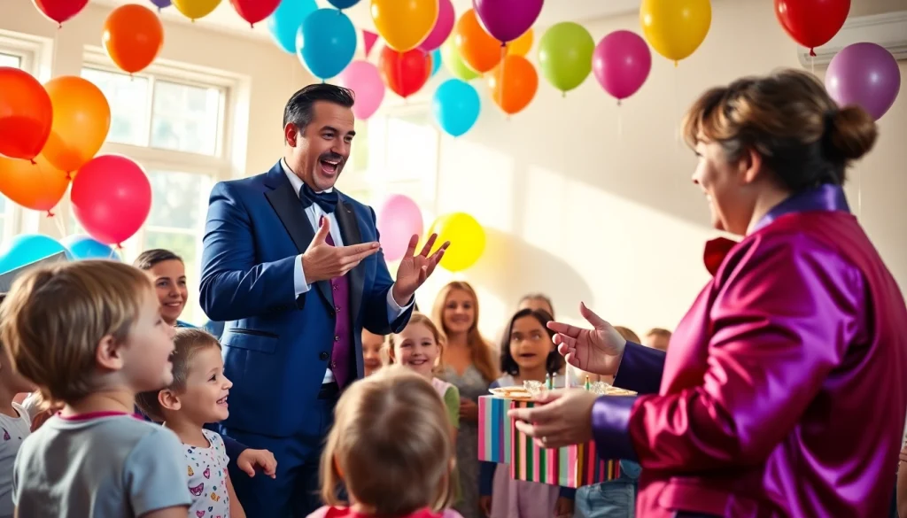 Engaging birthday party entertainers captivating children at a festive celebration.