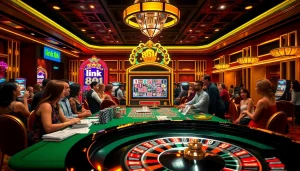 Exciting gambling experience at 88i, featuring a vibrant casino scene with players and a roulette wheel.