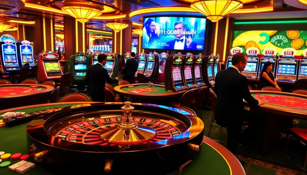 Excited players enjoying casino games and slots at https://qq88.life/, showcasing a vibrant gambling atmosphere.