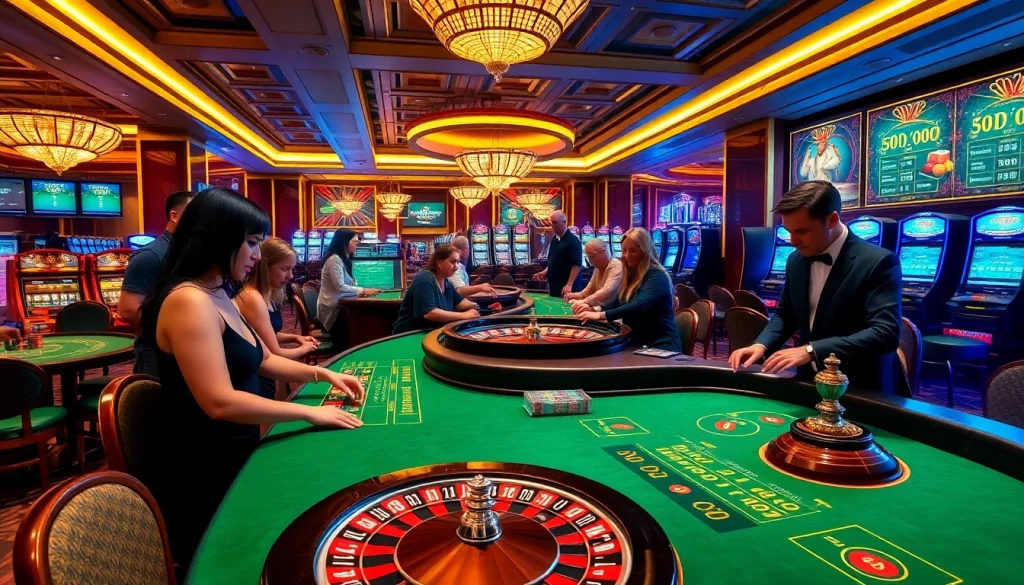 Players enjoying the exciting atmosphere at SODO CASINO, showcasing vibrant gaming tables and engaging dealers.