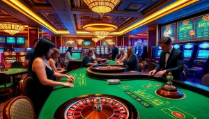 Players enjoying the exciting atmosphere at SODO CASINO, showcasing vibrant gaming tables and engaging dealers.