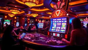 Rasakan permainan slot pulsa yang mendebarkan di suasana kasino mewah yang penuh kegembiraan.