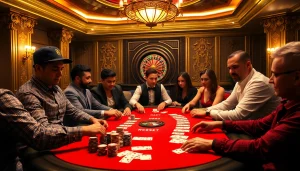 Players enjoying an intense game at https://www.bdjl.org/ poker table surrounded by luxury and excitement.
