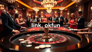 Engage in thrilling gameplay with a roulette table showcasing link okfun amidst vibrant casino atmosphere.