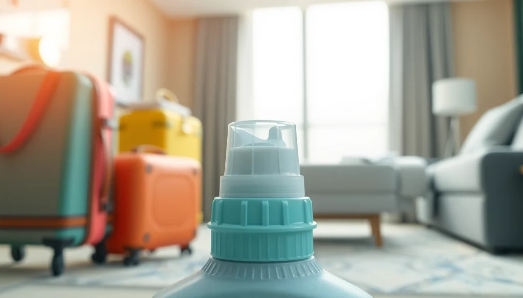 Showcasing a spout cap for detergent in a stylish travel setting, facilitating easy use for on-the-go cleaning.