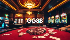 Experience the thrill of GG88 with vibrant poker chips and a roulette wheel in a luxurious casino setting.