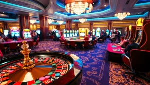 RR88 casino scene with vibrant players at poker tables and roulette wheel.