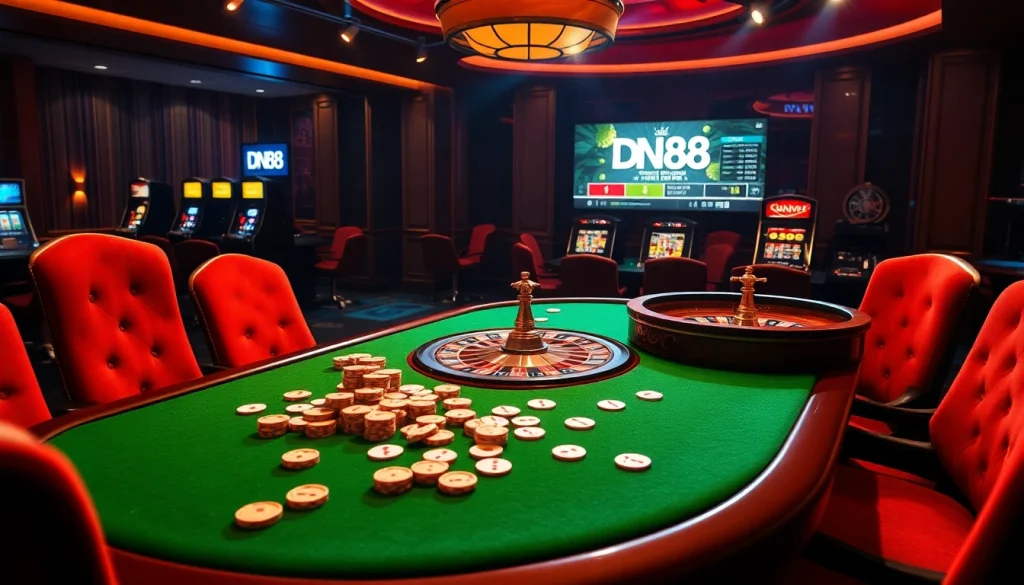 Experience excitement at DN88 with poker chips and cards on a luxury casino table.