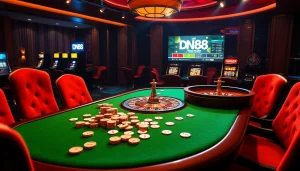 Experience excitement at DN88 with poker chips and cards on a luxury casino table.
