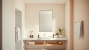 Admire the brilliance of an elegant bathroom mirror reflecting soft light and stylish decor.