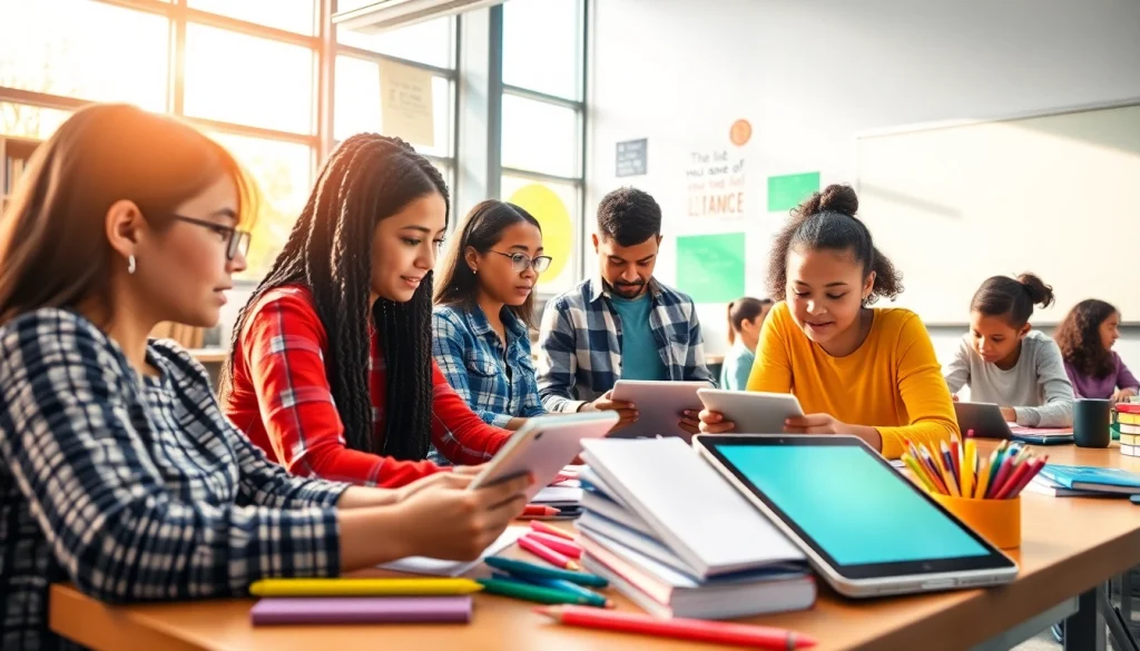 Innovative education scene showcasing diverse students collaborating actively in a modern classroom.