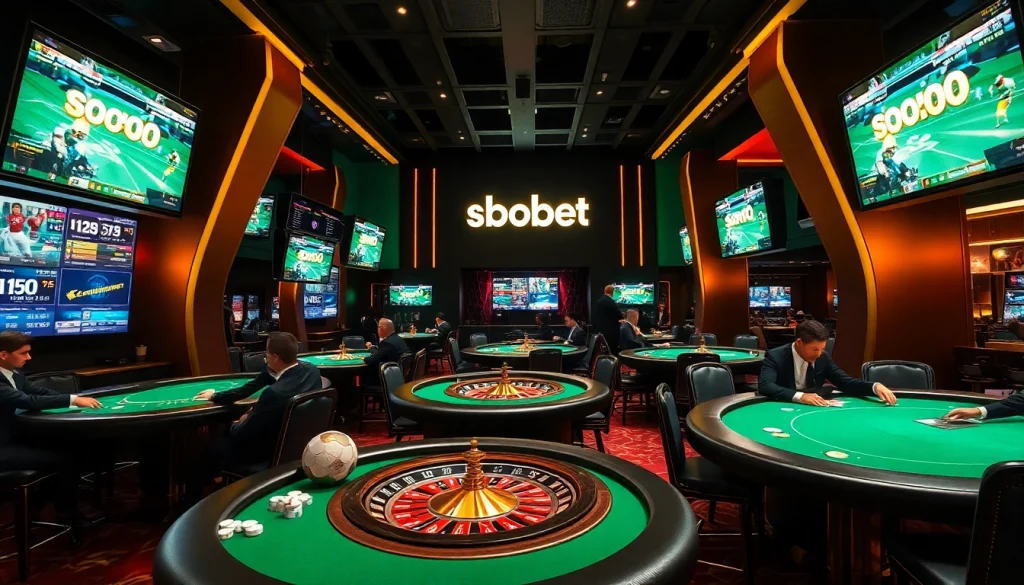 SBOBet betting action at a luxurious casino table with vibrant screens and elegant players.