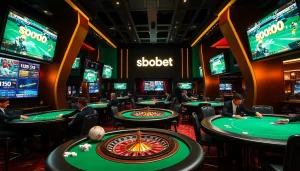 SBOBet betting action at a luxurious casino table with vibrant screens and elegant players.