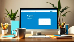 Using temp email to send emails on a sleek workspace setup with vibrant decor.