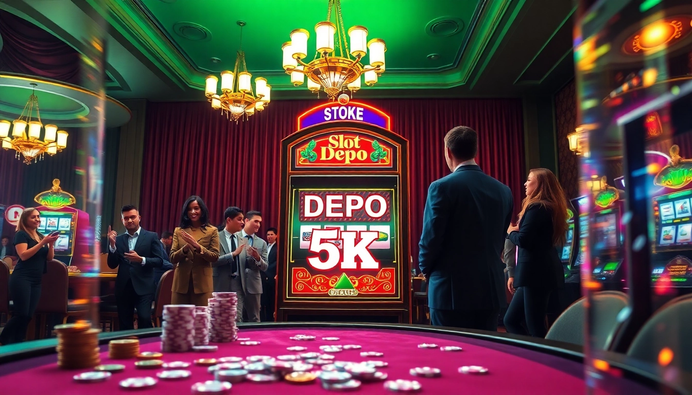 Experience the thrill of Slot Depo 5K with enthusiastic gamblers playing at luxurious casino machines.
