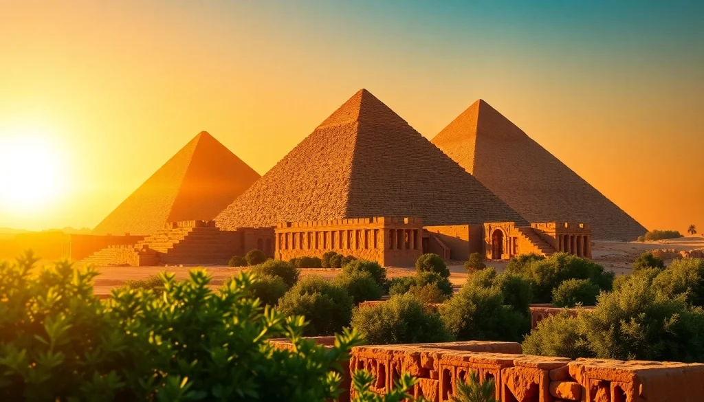 Piraminds standing majestically against a vibrant sunrise, symbolizing ancient history and grandeur.