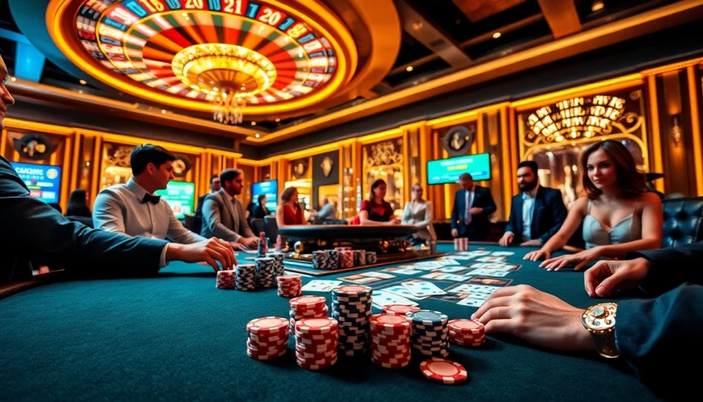 Engaged players at LUCKYWIN casino table, surrounded by colorful chips and vibrant roulette wheel.
