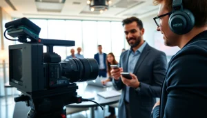 Filming a corporate video production Calgary with a focus on professional collaboration in a vibrant office.