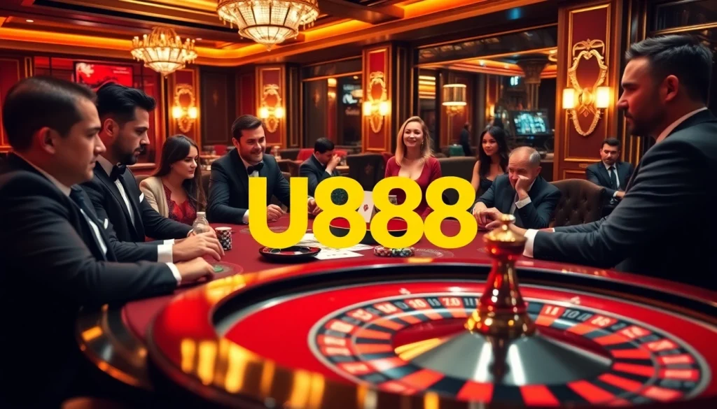 Gamblers enjoy a thrilling game at an U888 casino table with vibrant decor and excitement.