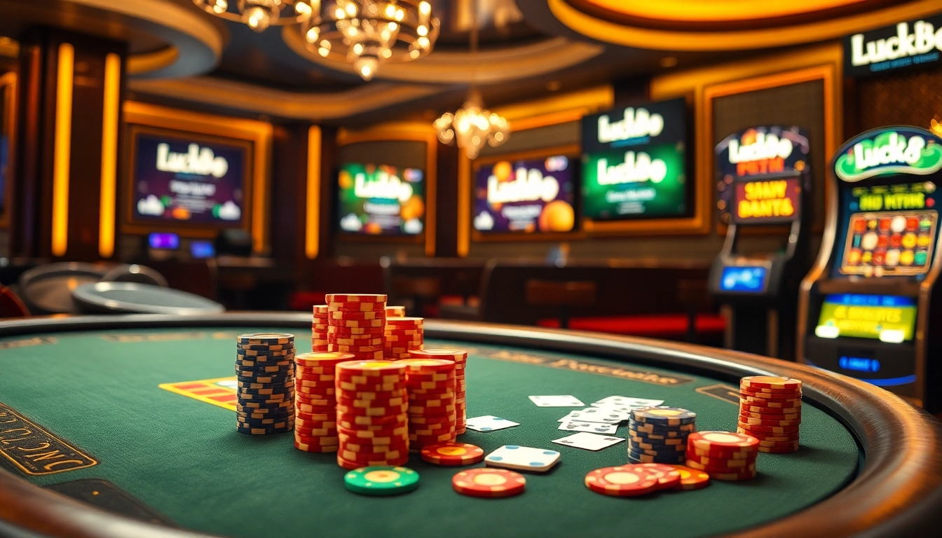 Experience the excitement of Luck8 with vibrant casino tables and colorful chips in a luxurious setting.