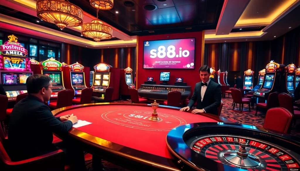Experience high-stakes excitement at s88a.io with a vibrant casino scene featuring poker and slots.