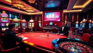 Experience high-stakes excitement at s88a.io with a vibrant casino scene featuring poker and slots.