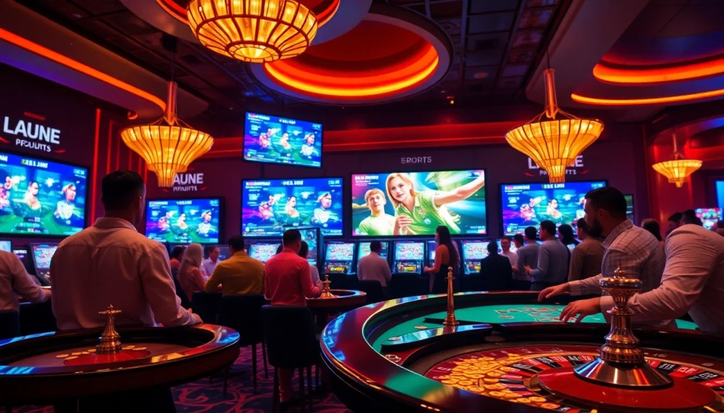 Engaged gamblers place bets during a thrilling Trực tiếp Esport gaming match, surrounded by vibrant casino elements.