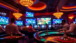 Engaged gamblers place bets during a thrilling Trực tiếp Esport gaming match, surrounded by vibrant casino elements.