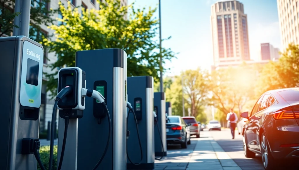 Showcase of EV charging solutions at a modern station in an urban setting with electric vehicle charging.