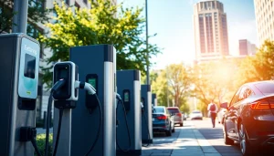 Showcase of EV charging solutions at a modern station in an urban setting with electric vehicle charging.