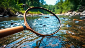 Fly fishing net displayed on a tranquil riverbank, highlighting its design and features.