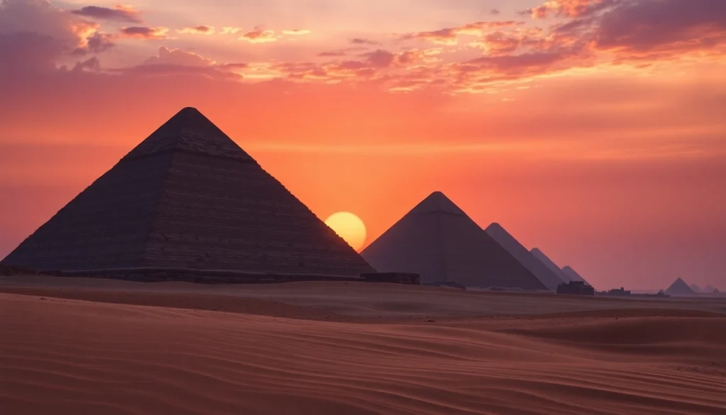 Pyraminds rising majestically against a sunset, showcasing their ancient grandeur.